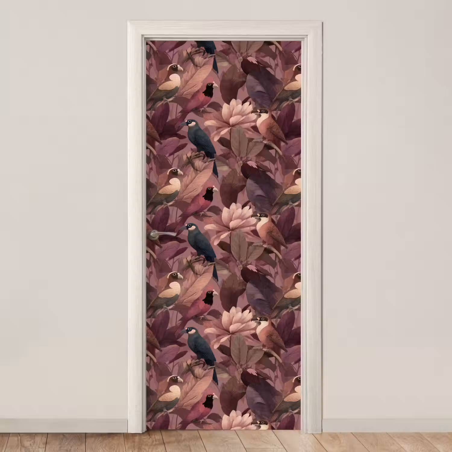 Vogels - Bladeren - Roze deurposter klein 289 -3d_beige