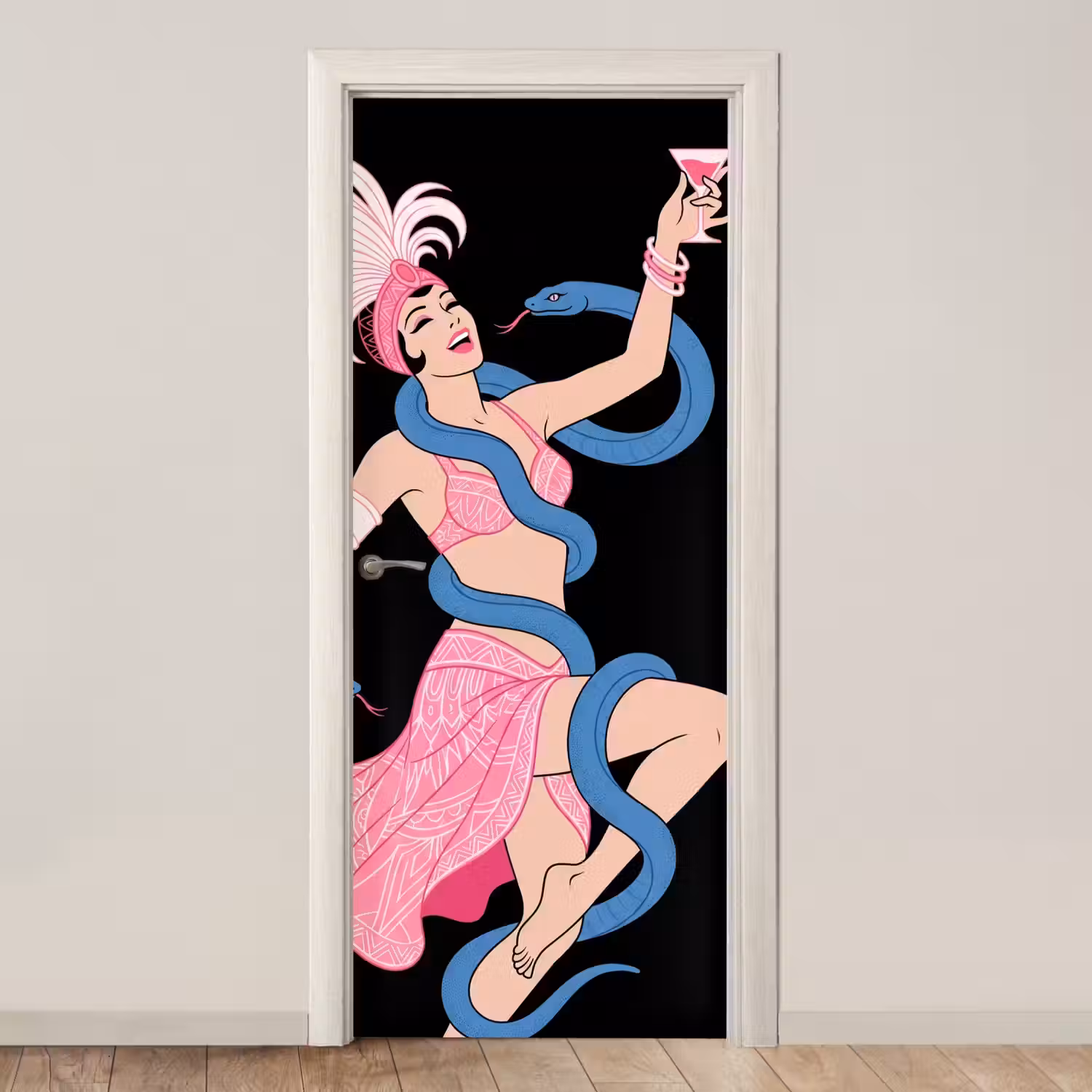 Vrouw - Danseres - Slangen - Art Deco - Roze deurposter klein -3d_beige