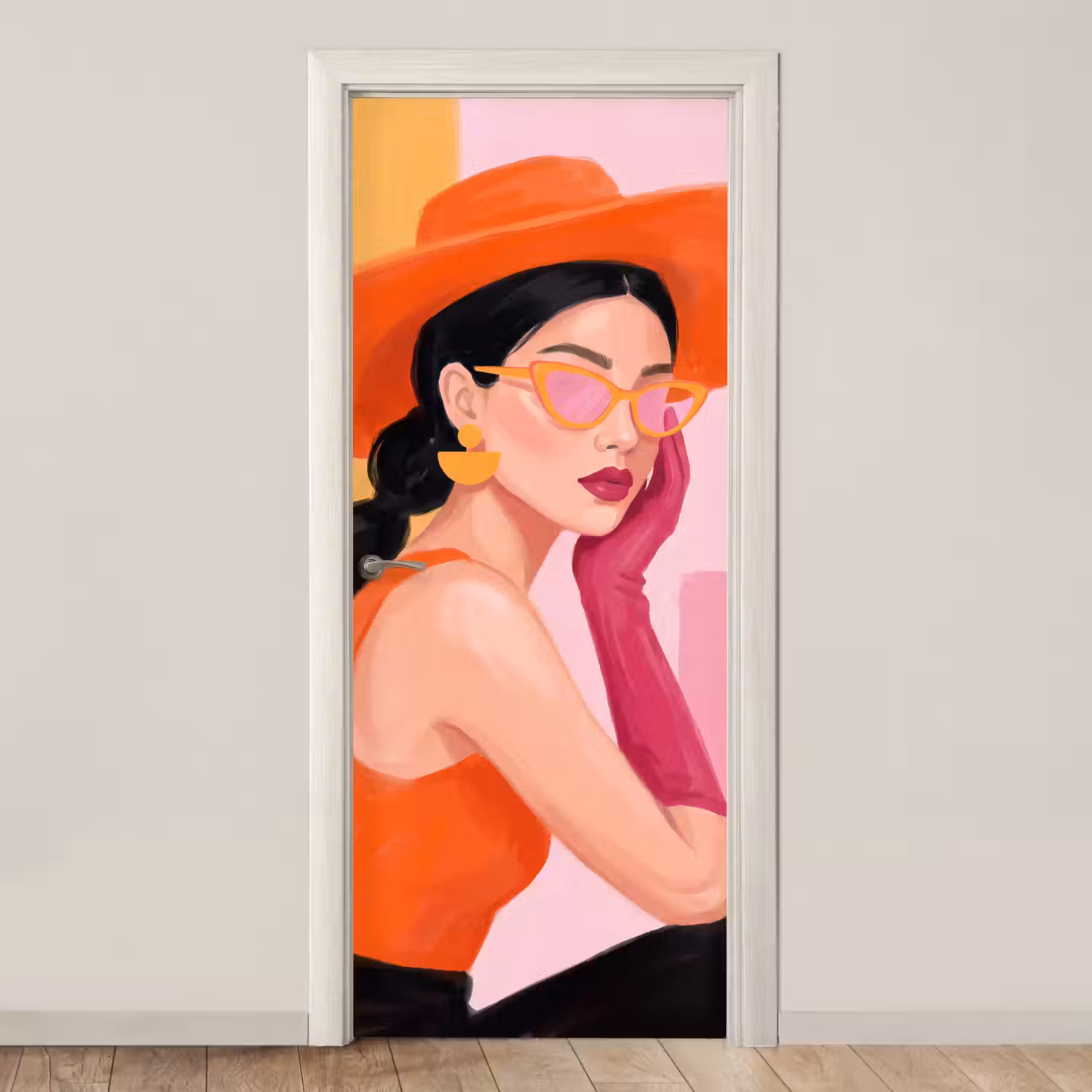 Vrouw - Hoed - Mode - Modern - Oranje deurposter klein -3d_beige
