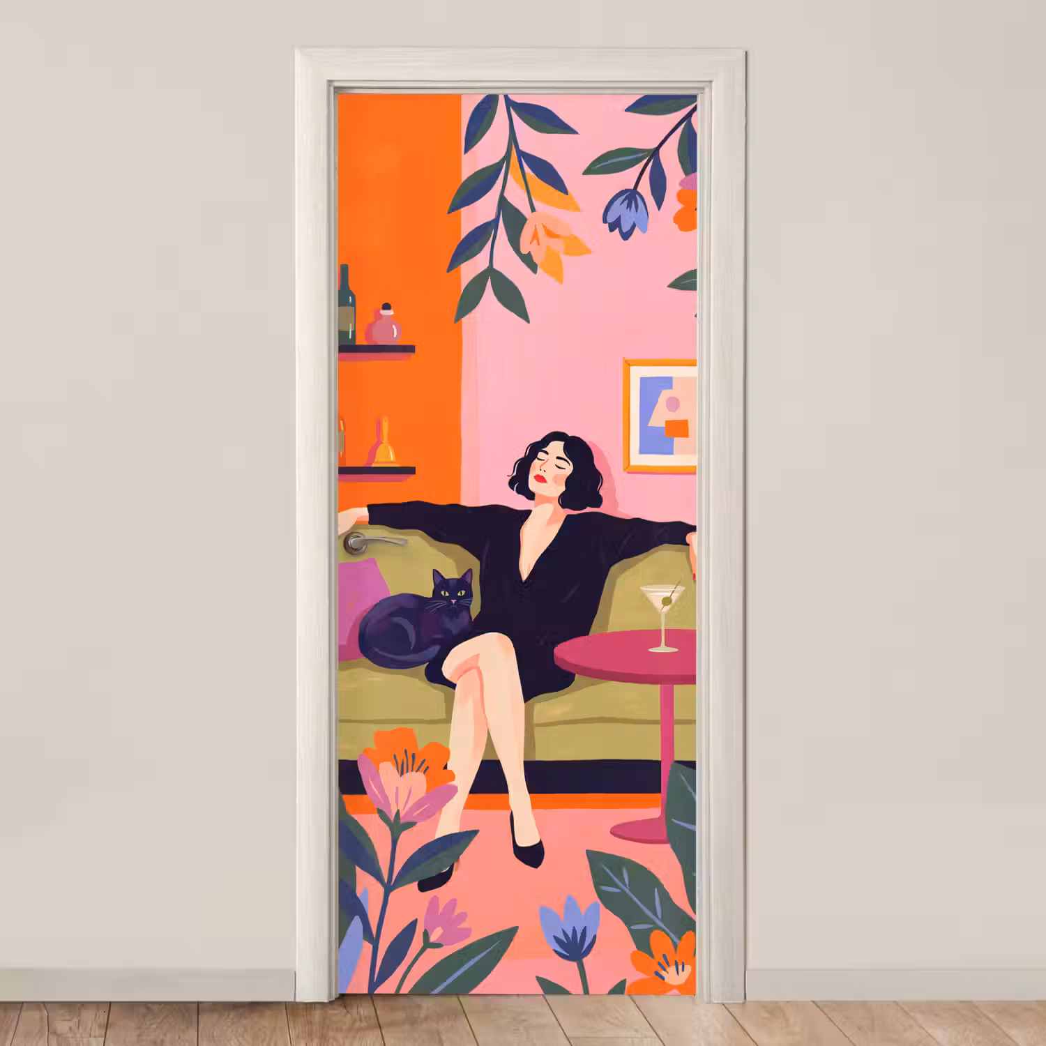 Vrouw - Kat - Interieur - Modern - Kleurrijk deurposter klein -3d_beige