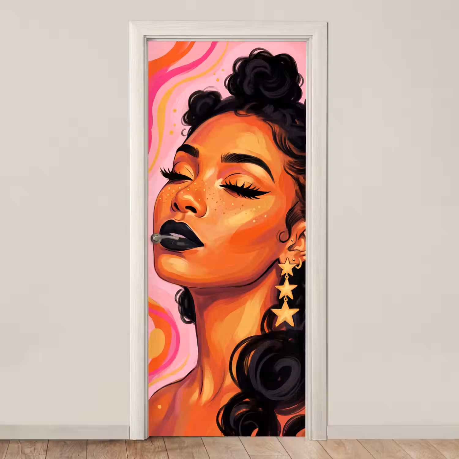 Vrouw - Portret - Abstract - Kleurrijk - Roze deurposter klein -3d_beige