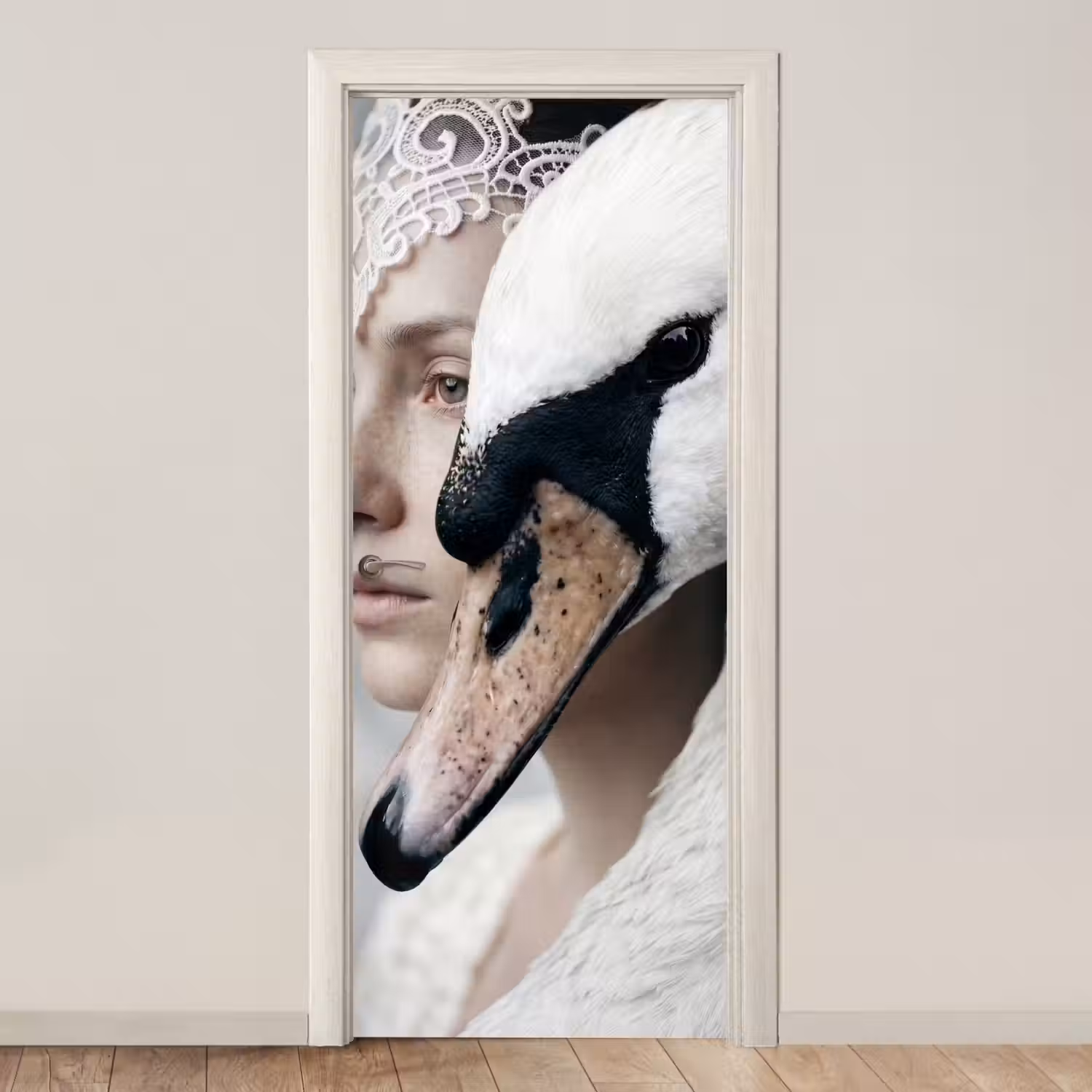 Vrouw - Zwaan - Wit deurposter klein -3d_beige