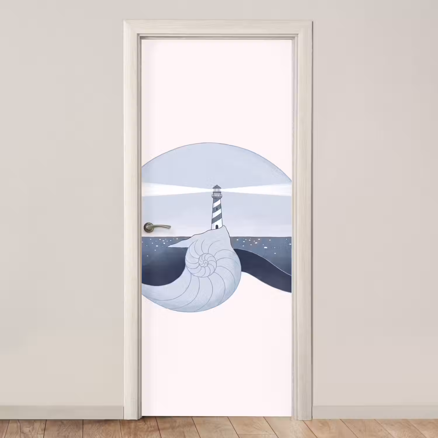 Vuurtoren - Zee - Schelp - Abstract - Blauw deurposter klein -3d_beige