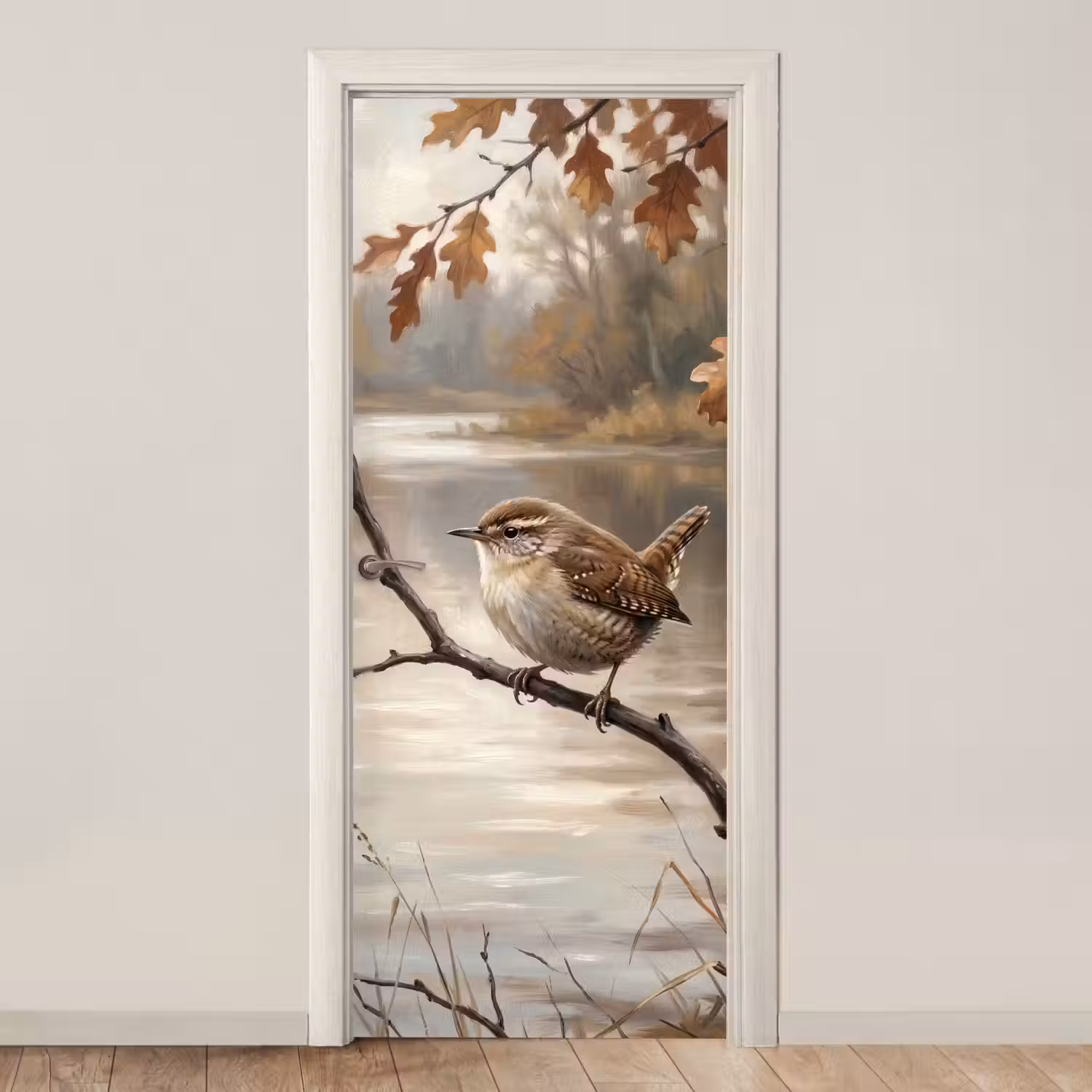Winterkoninkje - Tak - Rivier - Natuur - Sfeervol deurposter klein -3d_beige