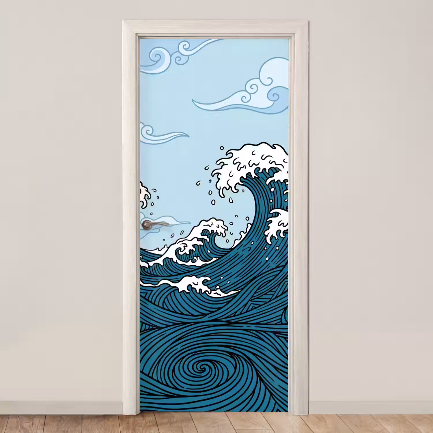 Zee - Golven - Japans - Natuur - Blauw deurposter klein -3d_beige