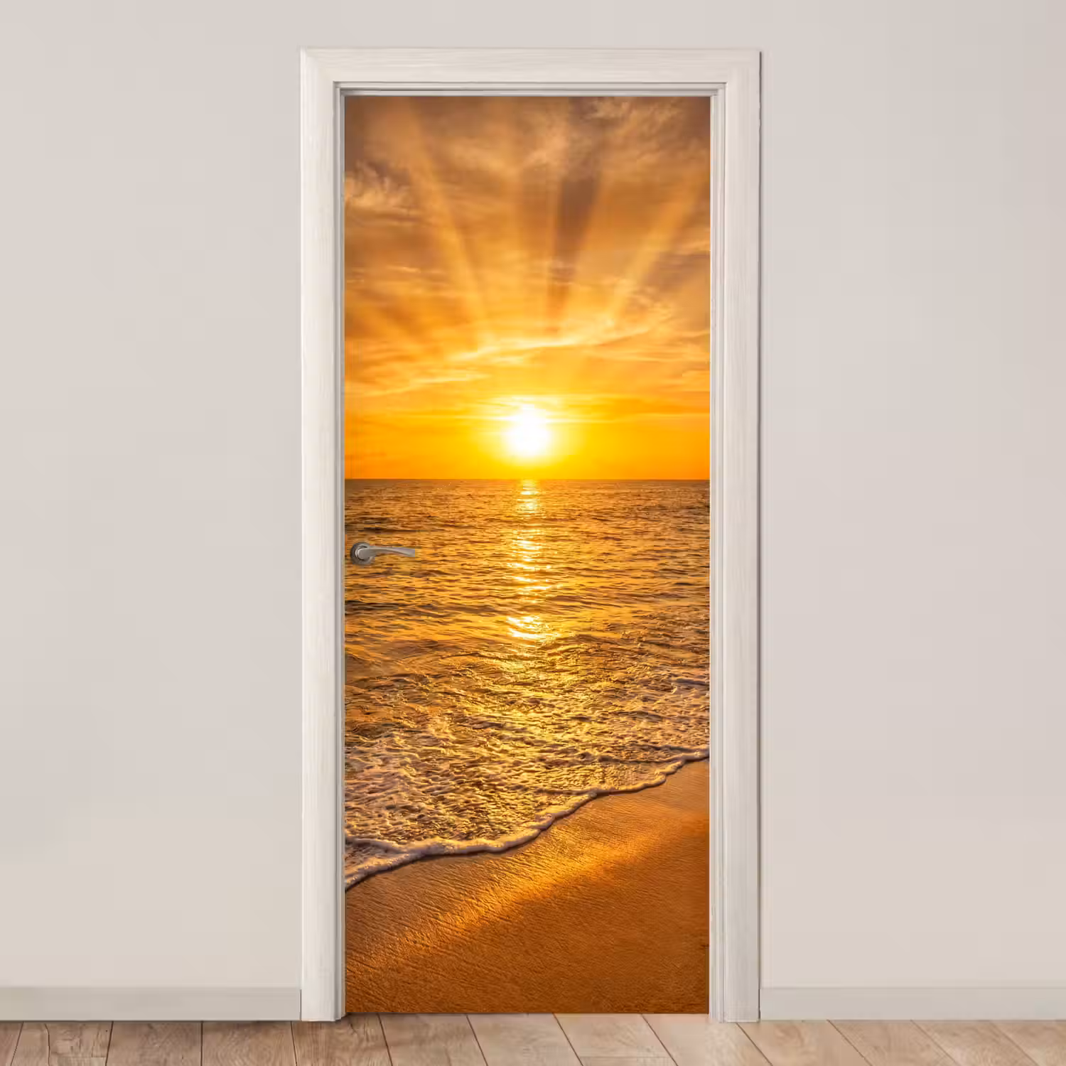 Zee - Zonsondergang - Golven - Kust - Oranje deurposter klein -3d_beige