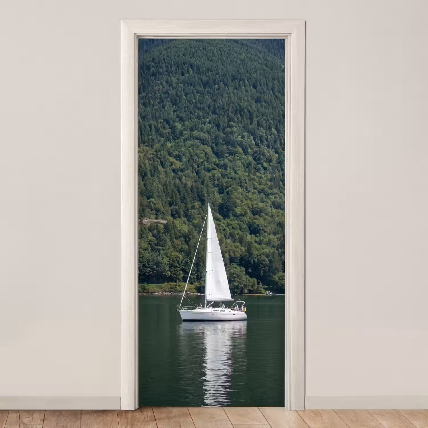 Zeilboot - Water - Bergen - Natuur - Groen deurposter klein -3d_beige
