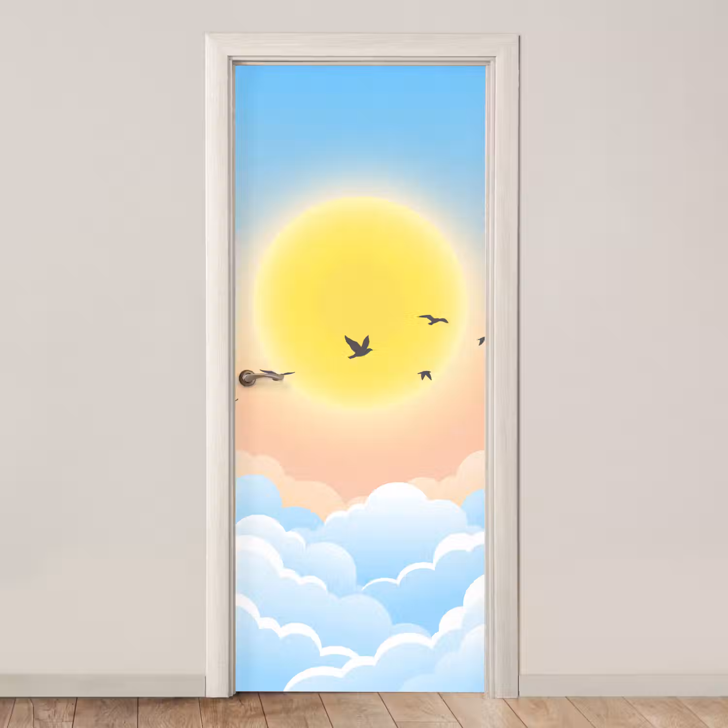 Zon - Vogels - Lucht - Natuur - Geel deurposter klein -3d_beige