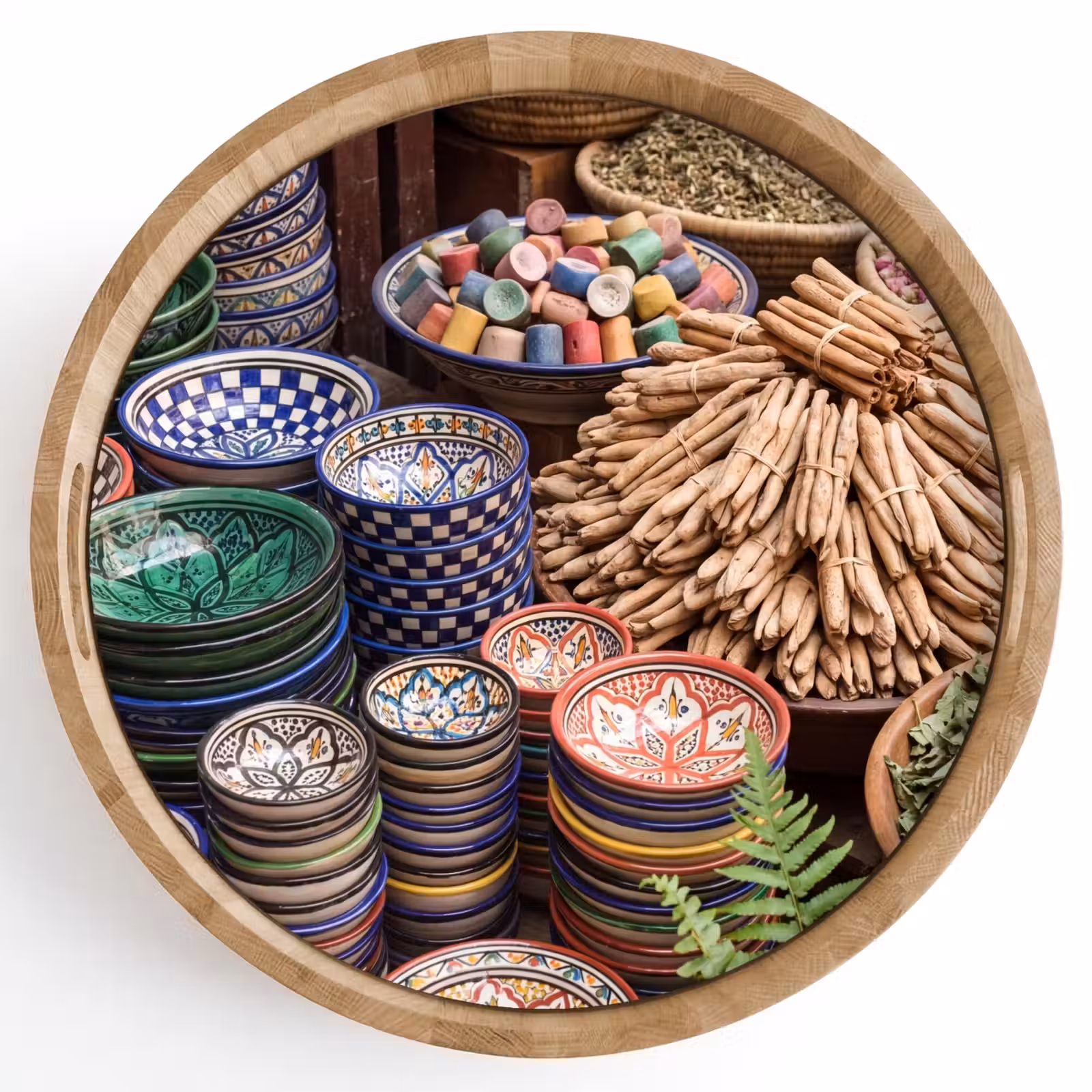 Dienblad - Aardewerk - Oosters - Kleurrijk - Aardewerk - Oosters - Kleurrijk Dienblad Rond middel