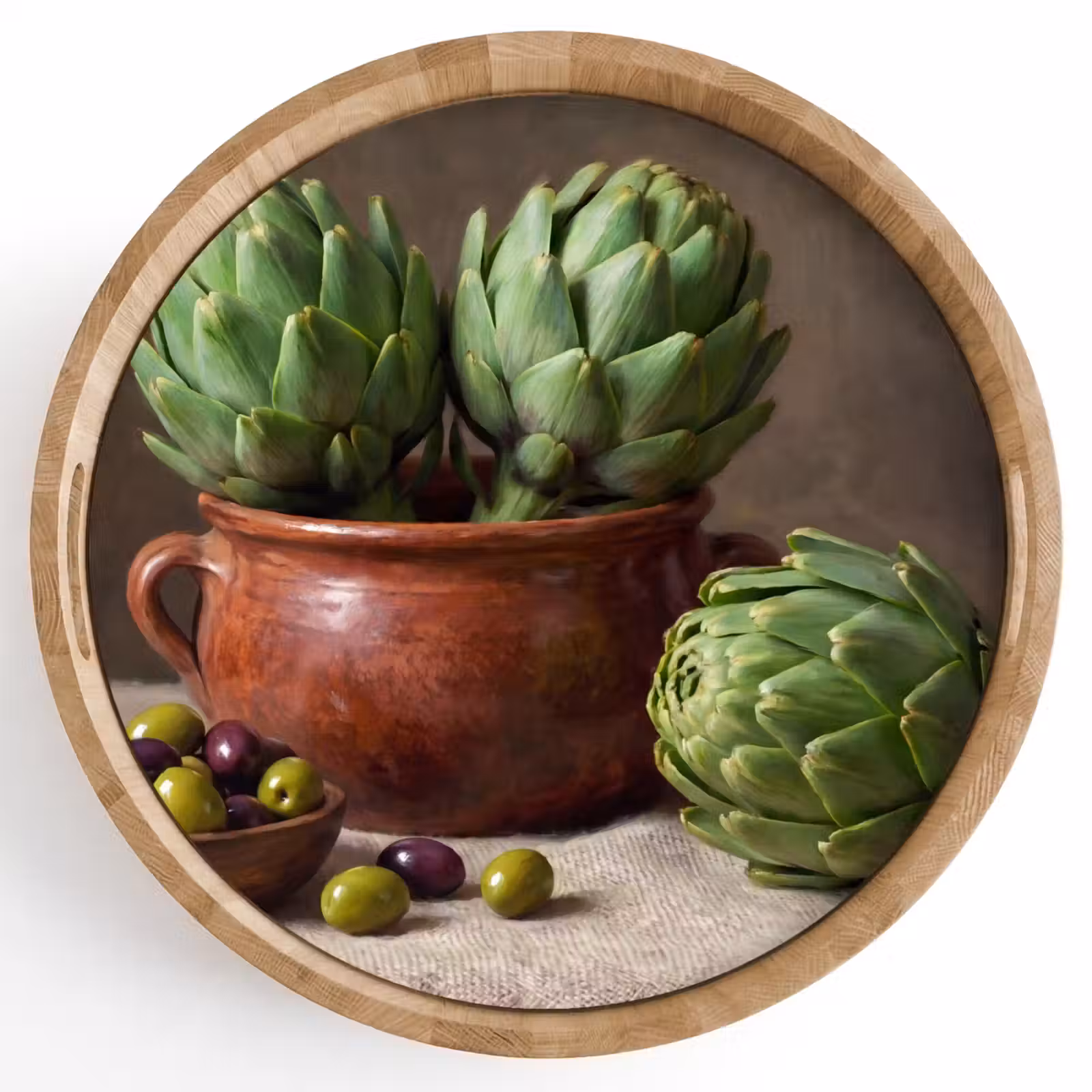 Dienblad - Artisjokken - Olijven - Eten - Artisjokken - Olijven - Eten Dienblad Rond middel