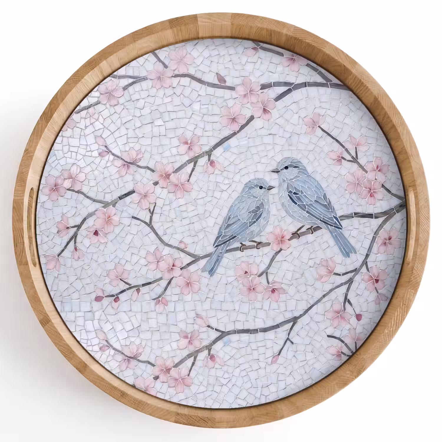 Vogel - Bloemen - Natuur - Mozaïek - Roze Dienblad Rond middel -z3d_shopping