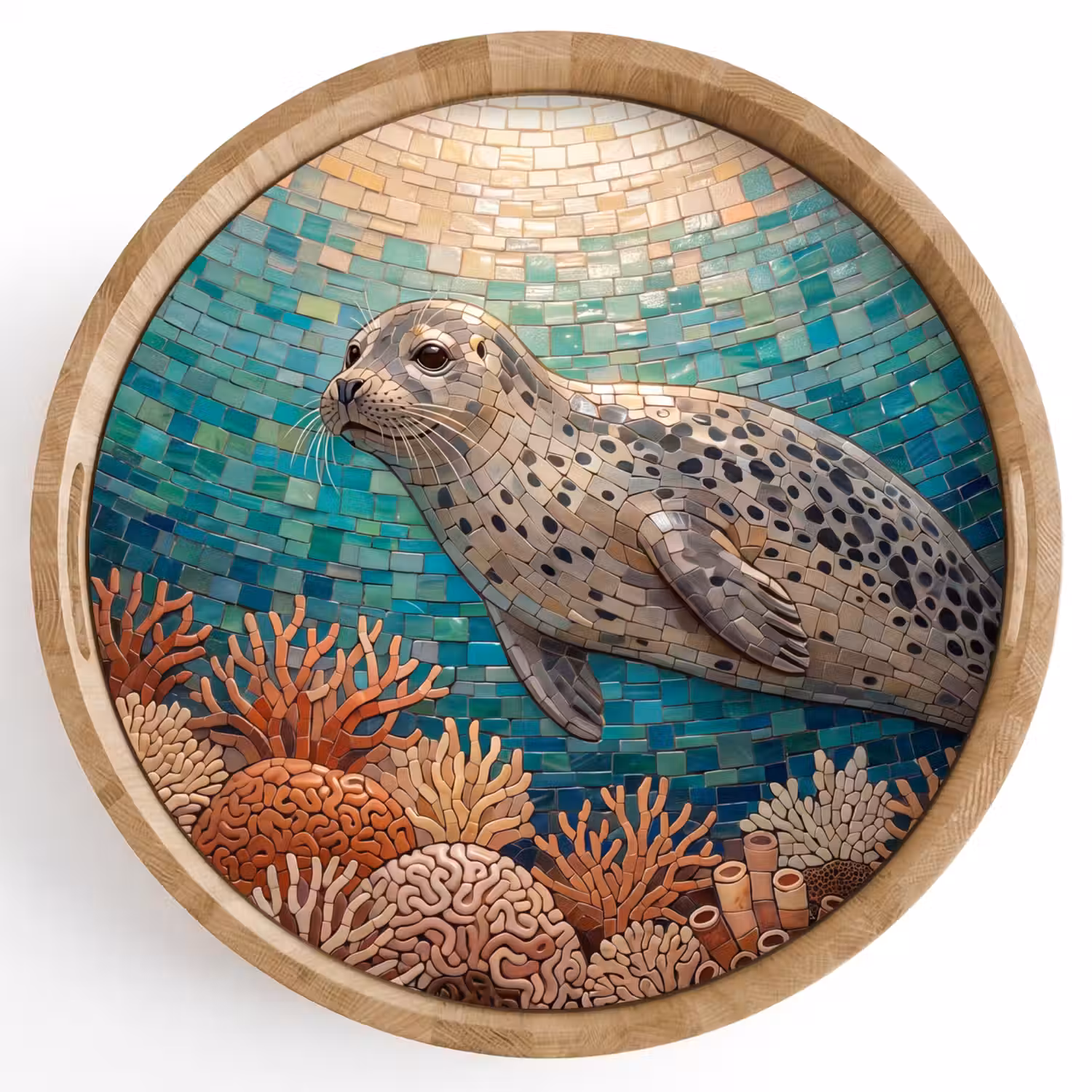 Zeehond - Mozaïek - Onderwater - Dieren - Blauw Dienblad Rond middel -z3d_shopping