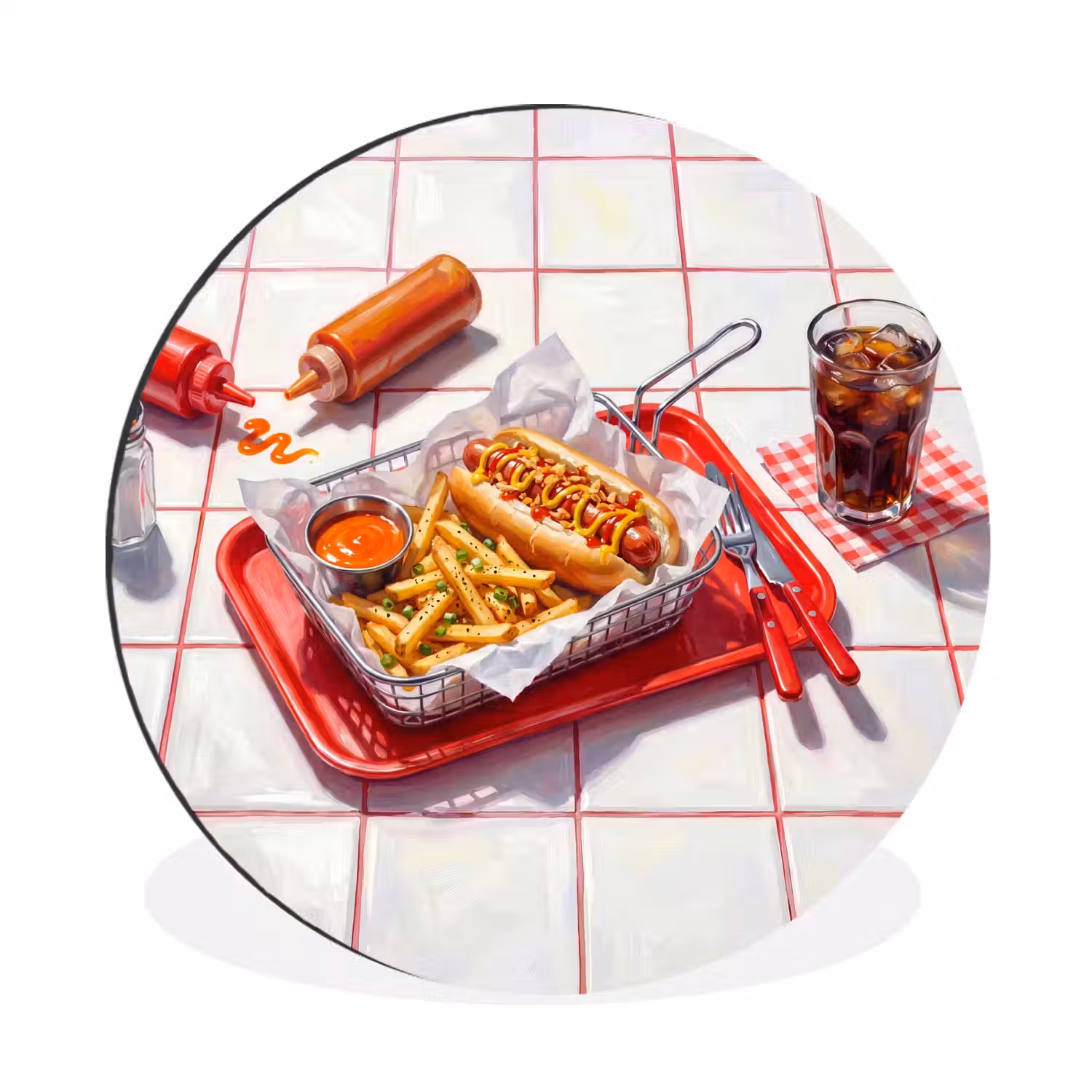 Eten - Hotdog - Fastfood - Modern - Rood Wandcirkel aluminium klein -3d