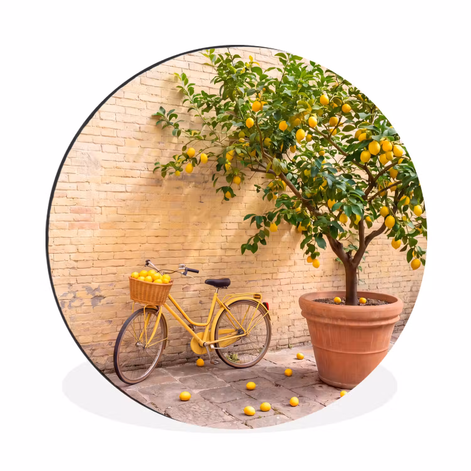 Fiets - Mand - Eten - Geel - Zomer Wandcirkel aluminium klein -3d
