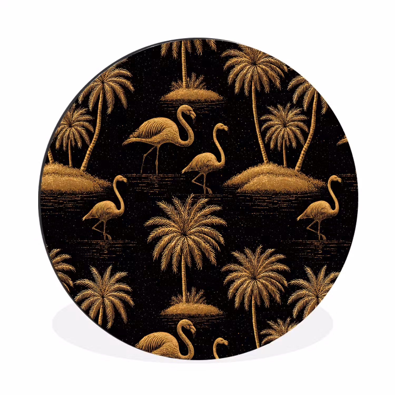 Flamingo - Palmbomen - Tropisch - Goud - Zwart Wandcirkel aluminium klein 190 -3d