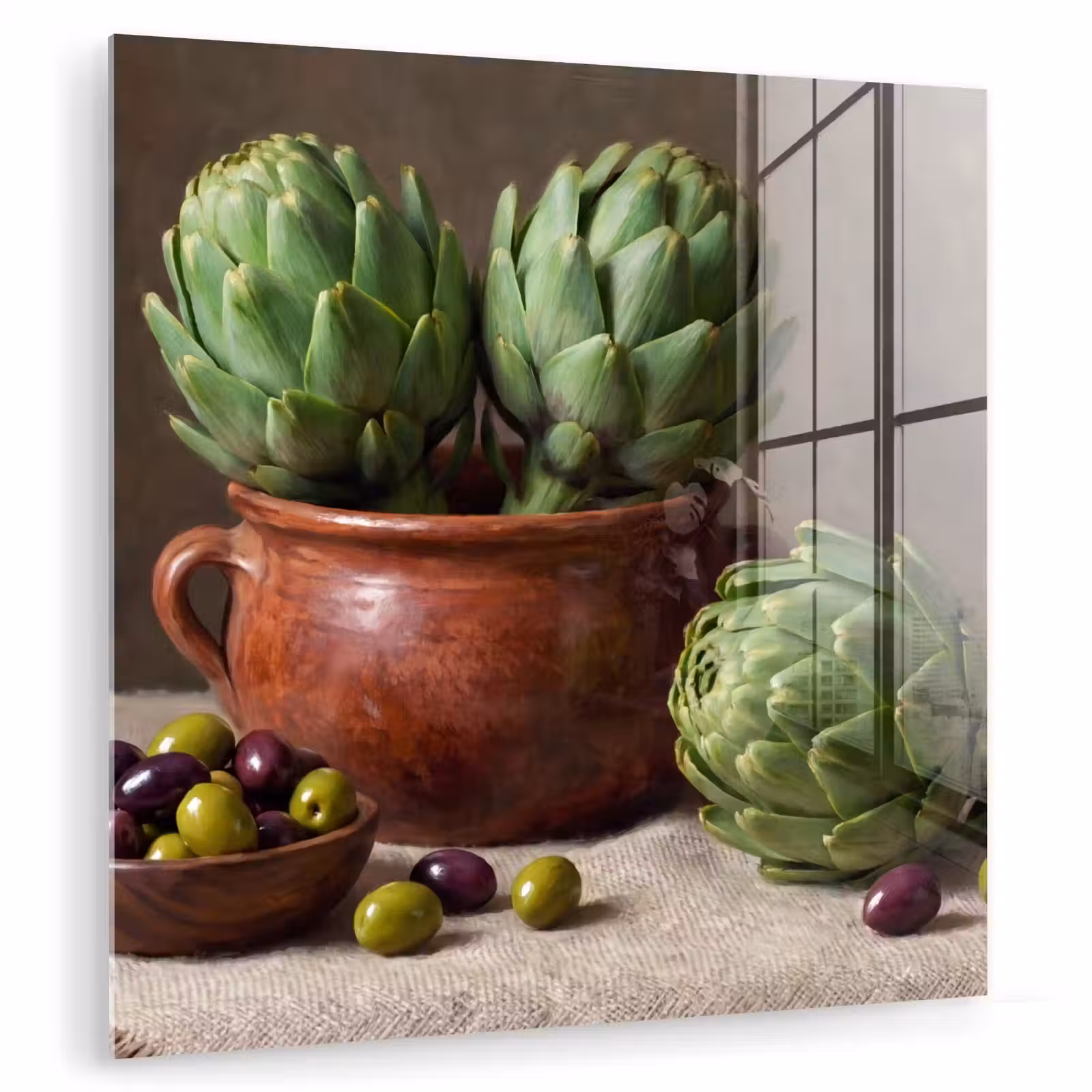 Glas schilderij - Artisjokken - Olijven - Eten - Artisjokken - Olijven - Eten plexiglas 5mm klein
