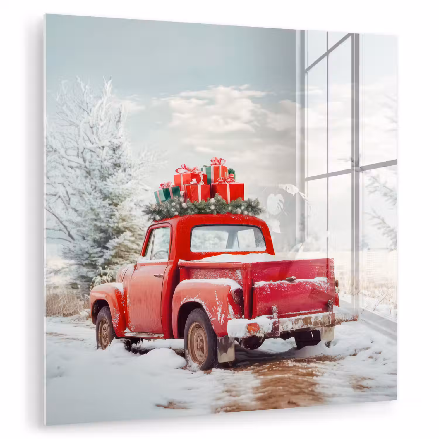 Auto - Rood - Cadeaus - Winter - Sneeuw - Kerst plexiglas 5mm klein -zzzproduct_nieuw