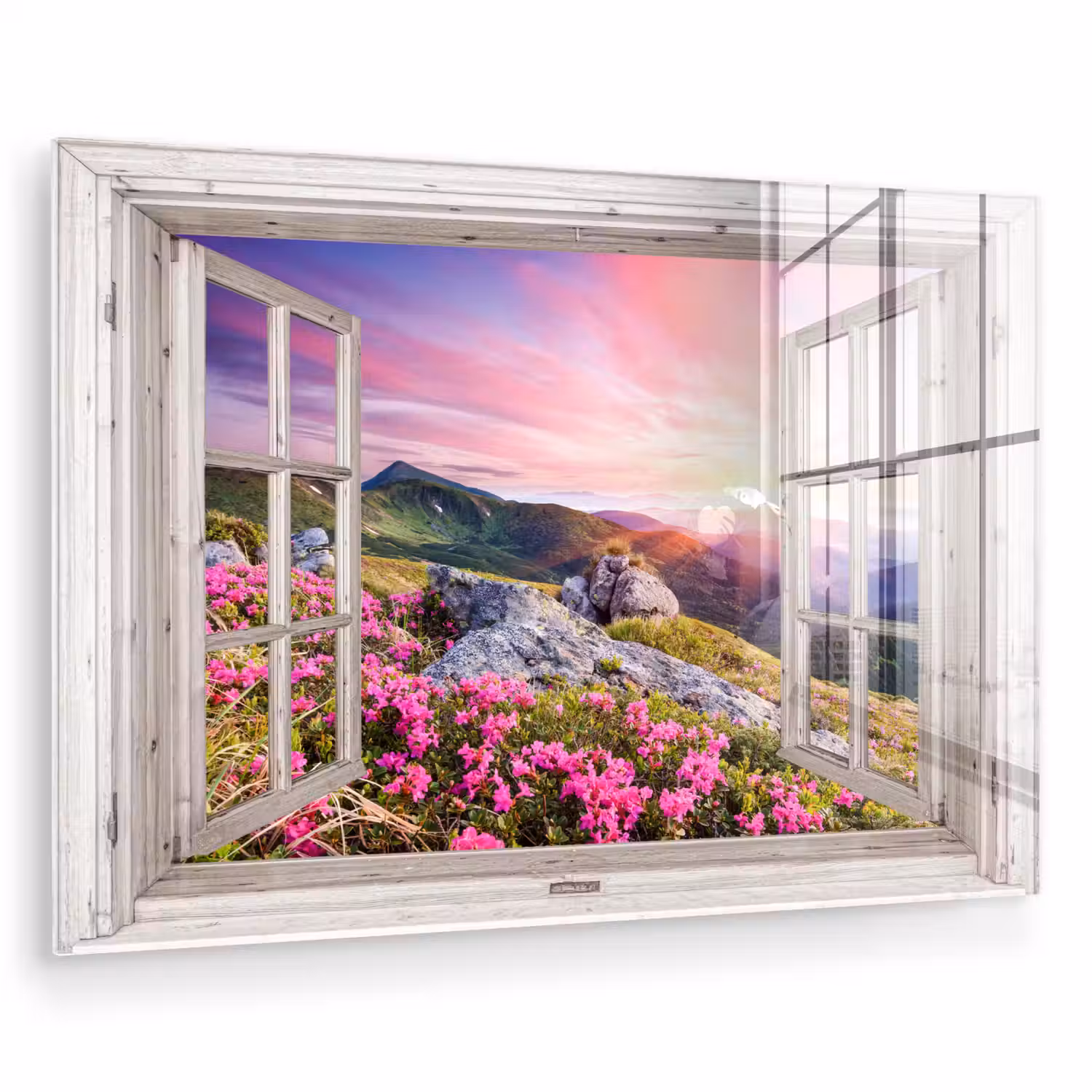 Bergen - Landschap - Doorkijk - Bloemen - Avond - Roze plexiglas 5mm klein -zzzproduct_nieuw