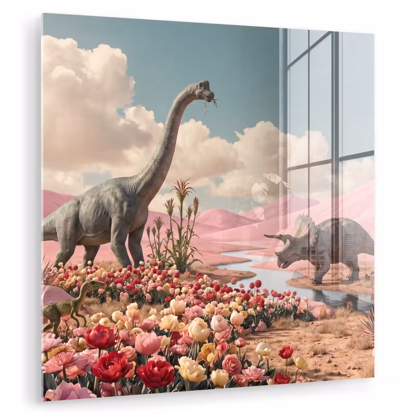 Glas schilderij - Dinosaurus - Roze - Landschap - Dinosaurus - Roze - Landschap plexiglas 5mm klein