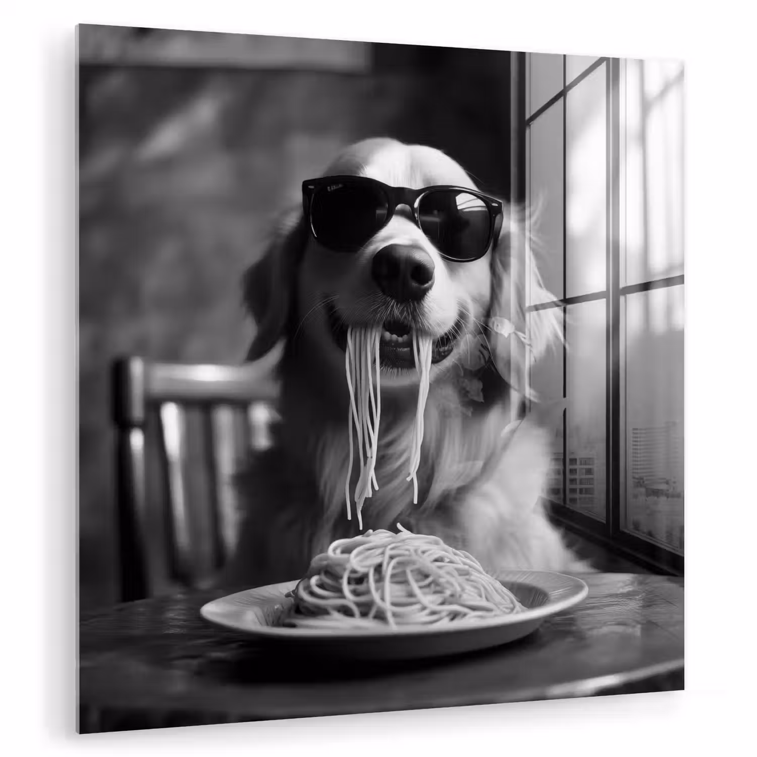 Golden Retriever - Hond - Vrolijk - Bord spaghetti - Zwart - wit plexiglas 5mm klein -zzzproduct_nieuw