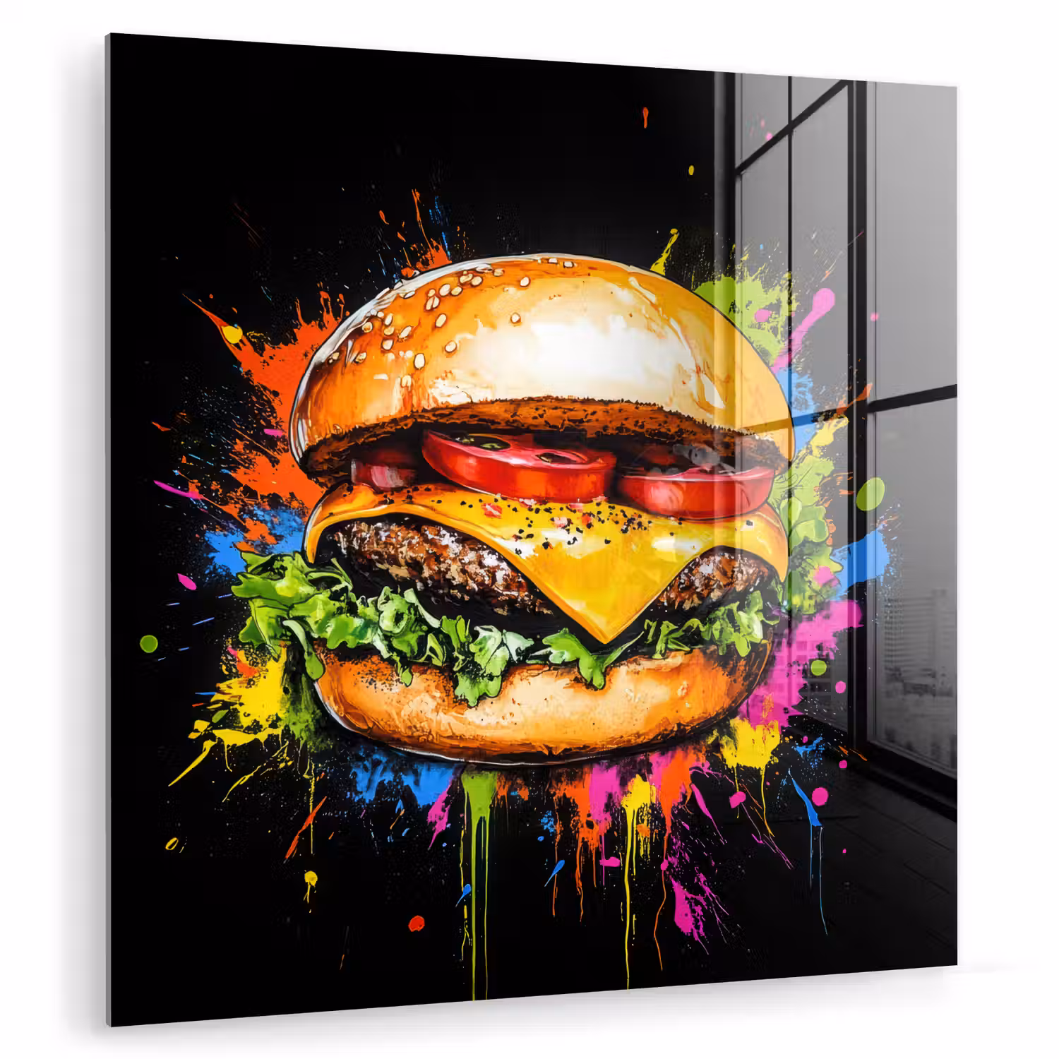 Hamburger - Graffiti - Verf - Kleurrijk - Eten - Abstract plexiglas 5mm klein -zzzproduct_nieuw