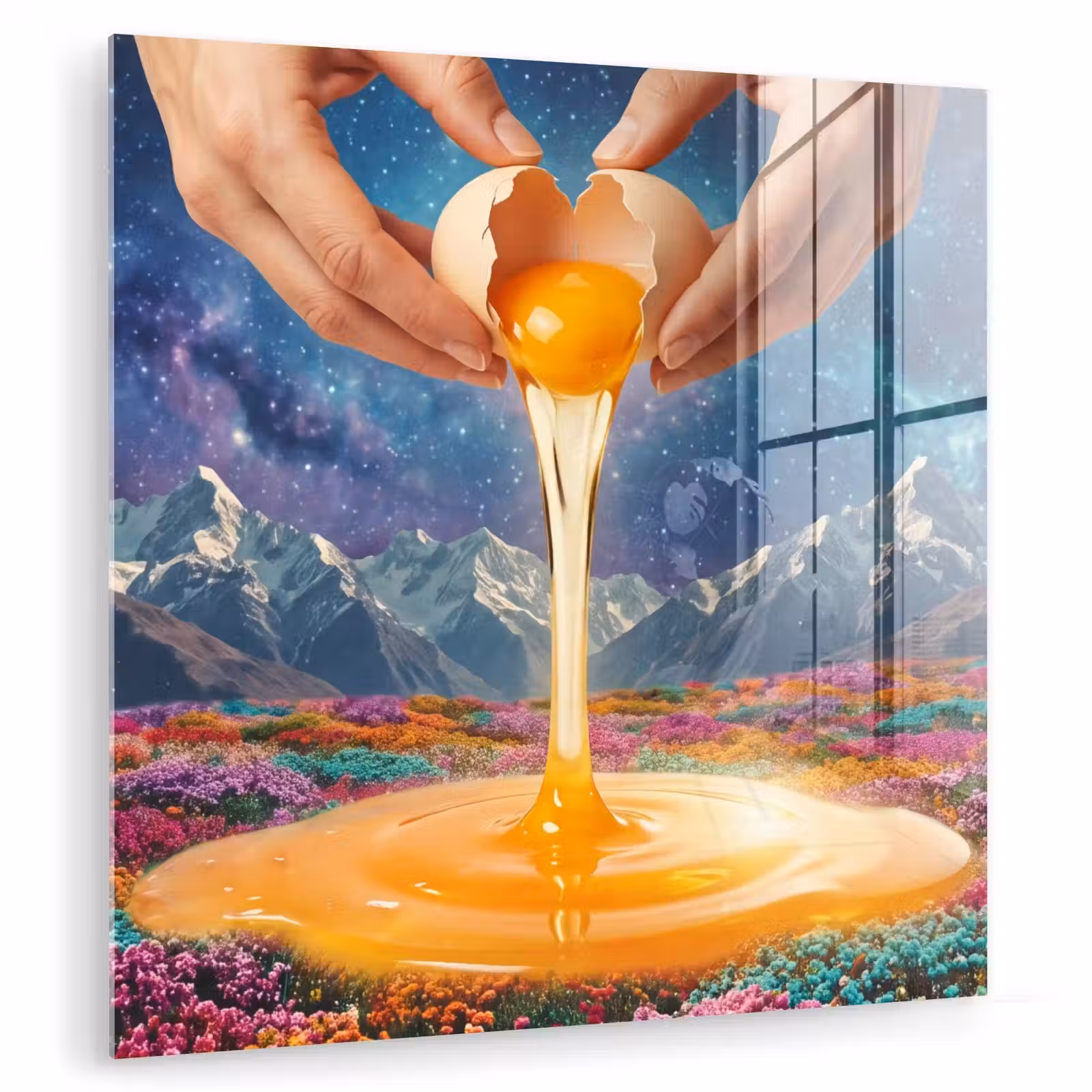 Glas schilderij - Handen - Ei - Surrealisme - Handen - Ei - Surrealisme plexiglas 5mm klein
