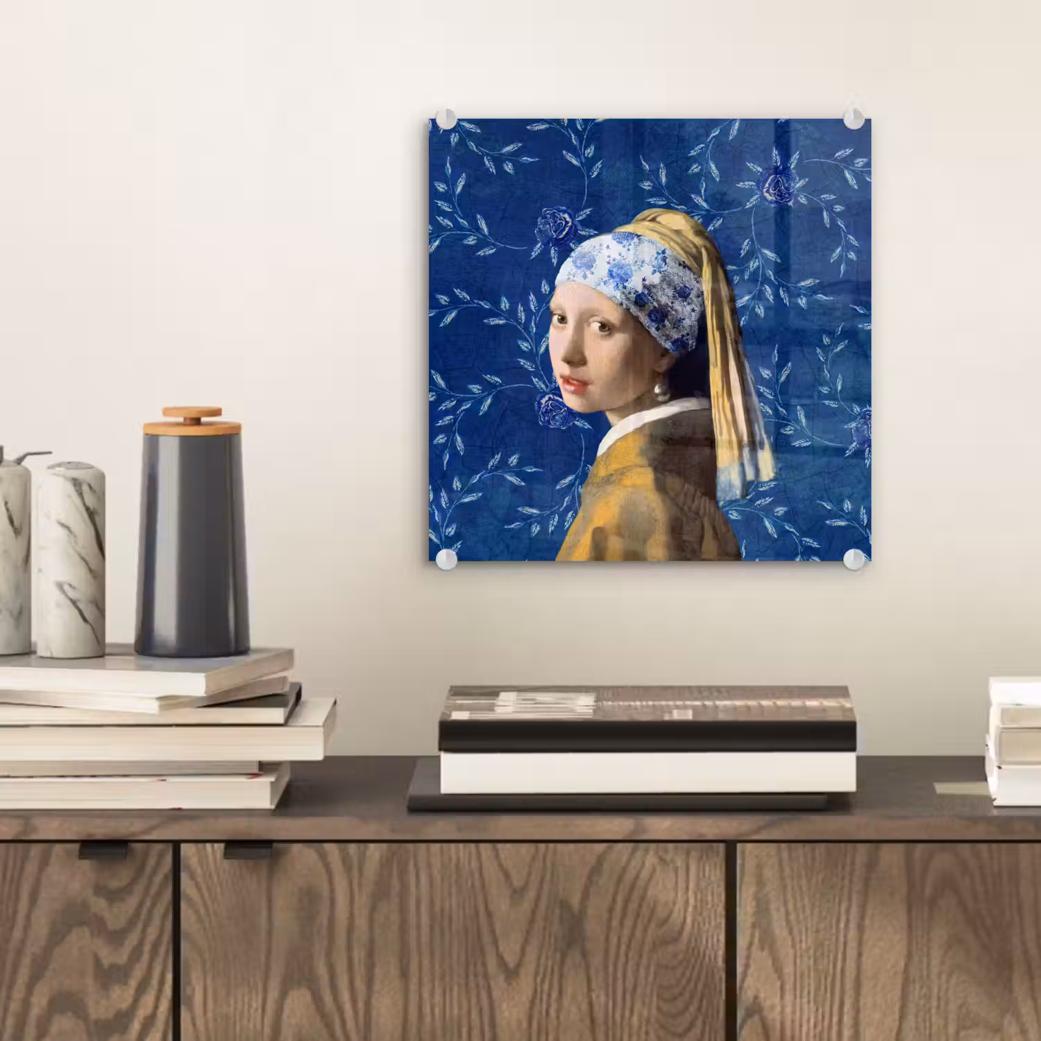 Meisje met de parel - Delfts blauw - Vermeer - Bloemen - Schilderij - Oude meesters plexiglas 5mm klein -sfeer1