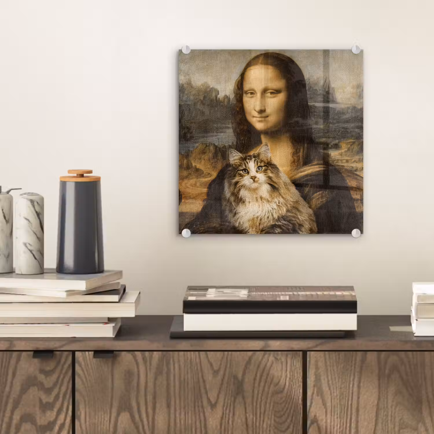 Mona Lisa - Kat - Leonardo da Vinci - Vintage - Kunstwerk - Oude meesters - Schilderij plexiglas 5mm klein -sfeer1