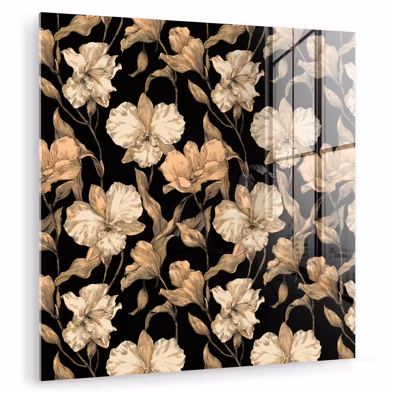 Orchideeën - Lijntekening - Patroon - Beige - Zwart plexiglas 5mm klein 11 -zzzproduct_nieuw