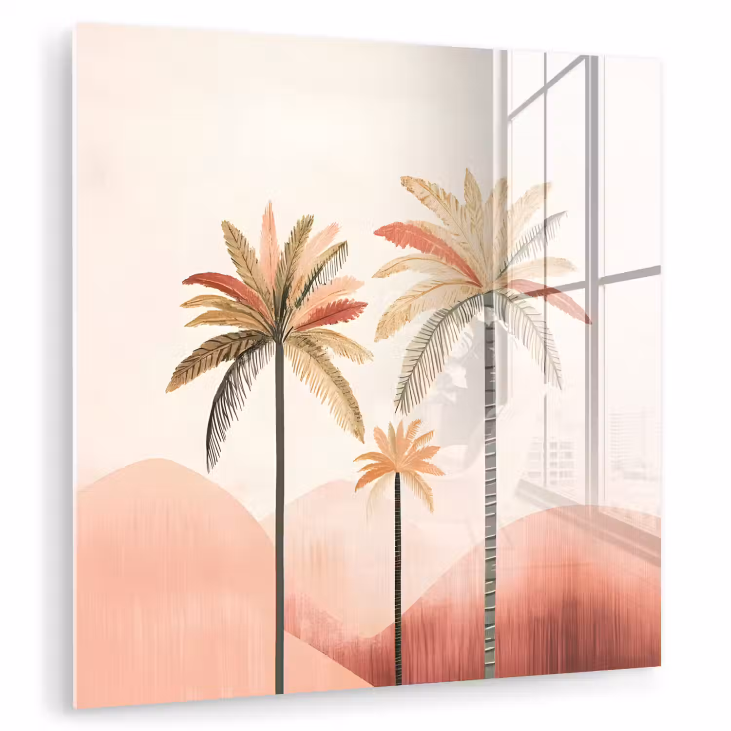 Palmbomen - Heuvels - Minimalistisch - Zachtroze plexiglas 5mm klein -zzzproduct_nieuw
