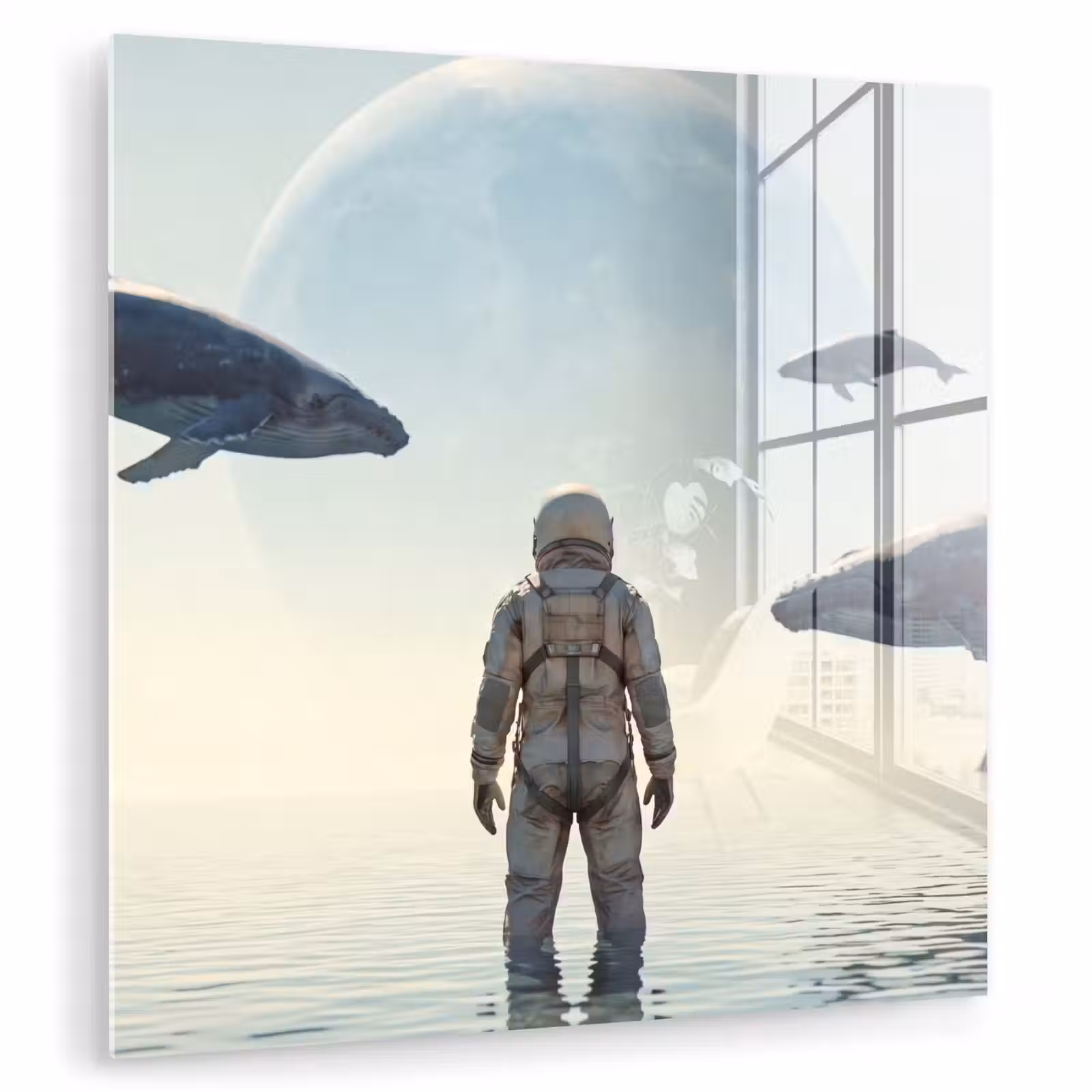 Glas schilderij - Ruimtevaarder - Walvis - Fantasie - Ruimtevaarder - Walvis - Fantasie plexiglas 5mm klein