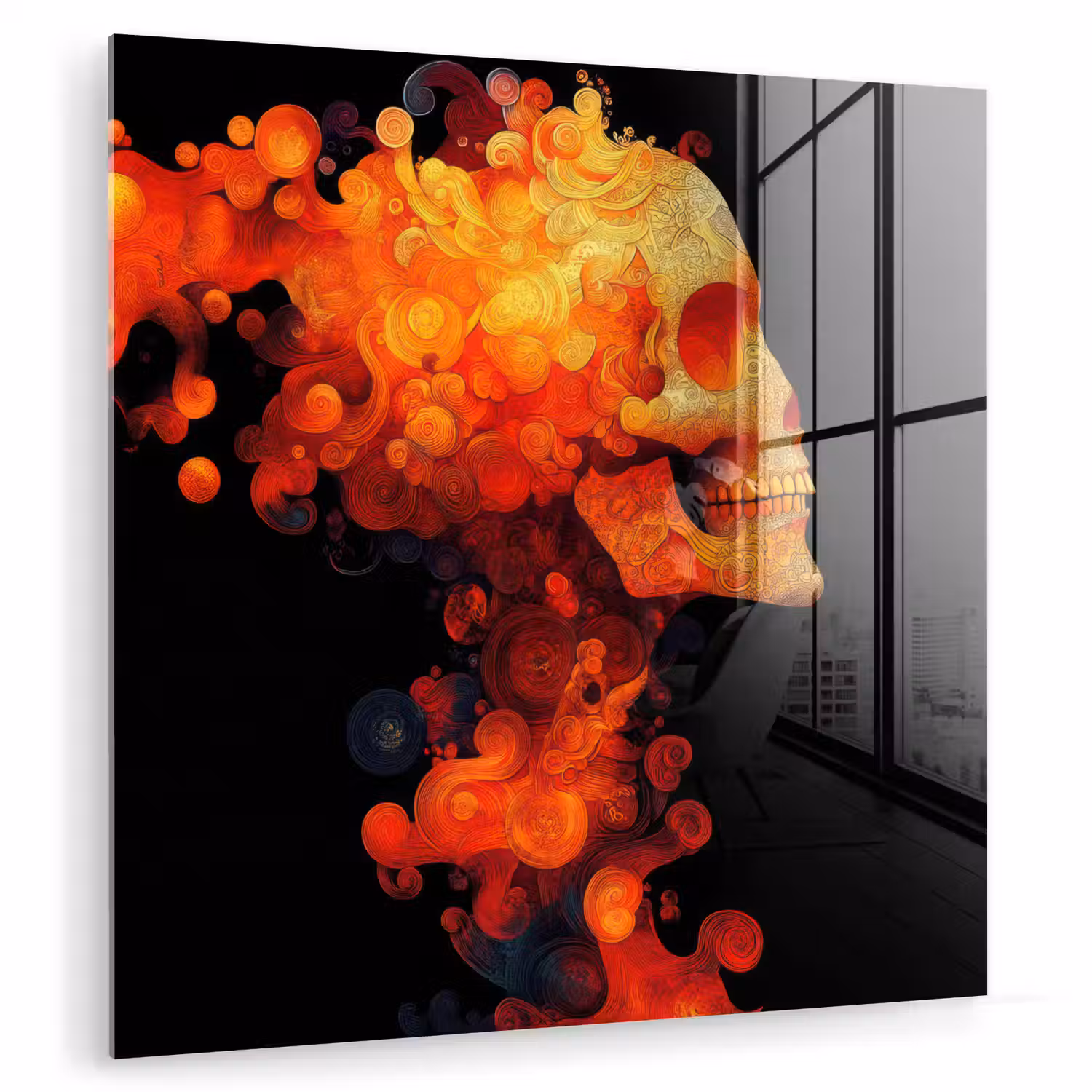 Schedel - Oranje - Zijaanzicht - Vlammen plexiglas 5mm klein -zzzproduct_nieuw