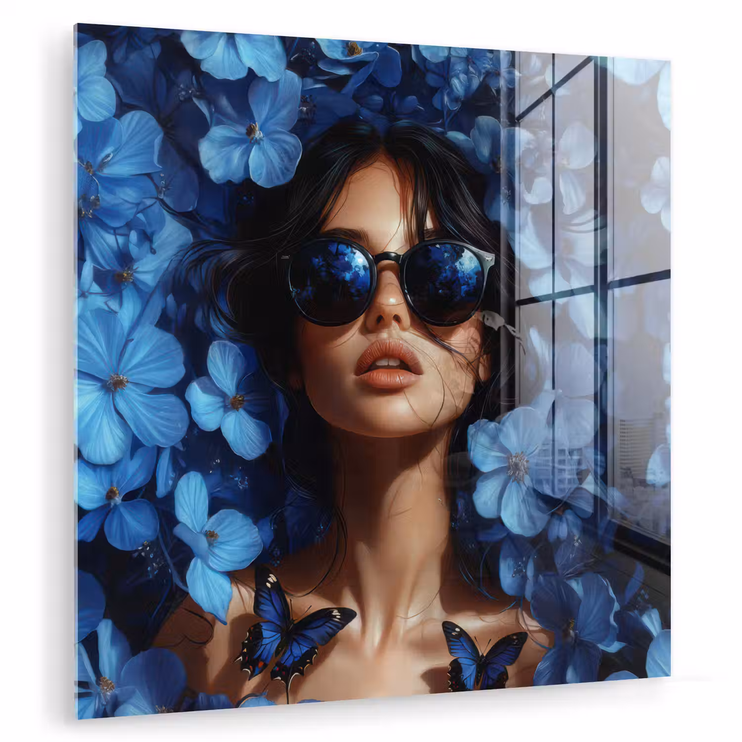 Vrouw - Blauw - Bloemen - Vlinders - Natuur plexiglas 5mm klein -zzzproduct_nieuw