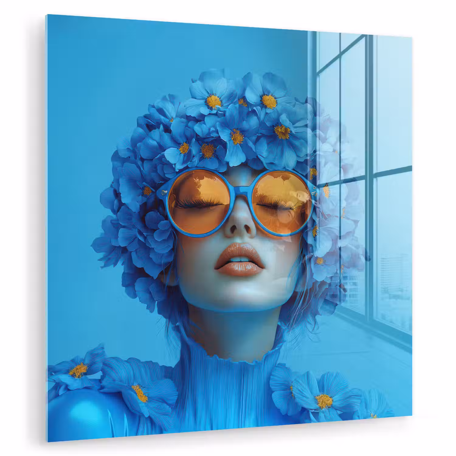 Vrouw - Bloem - Blauw - Modern - Bril - Portret plexiglas 5mm klein -zzzproduct_nieuw