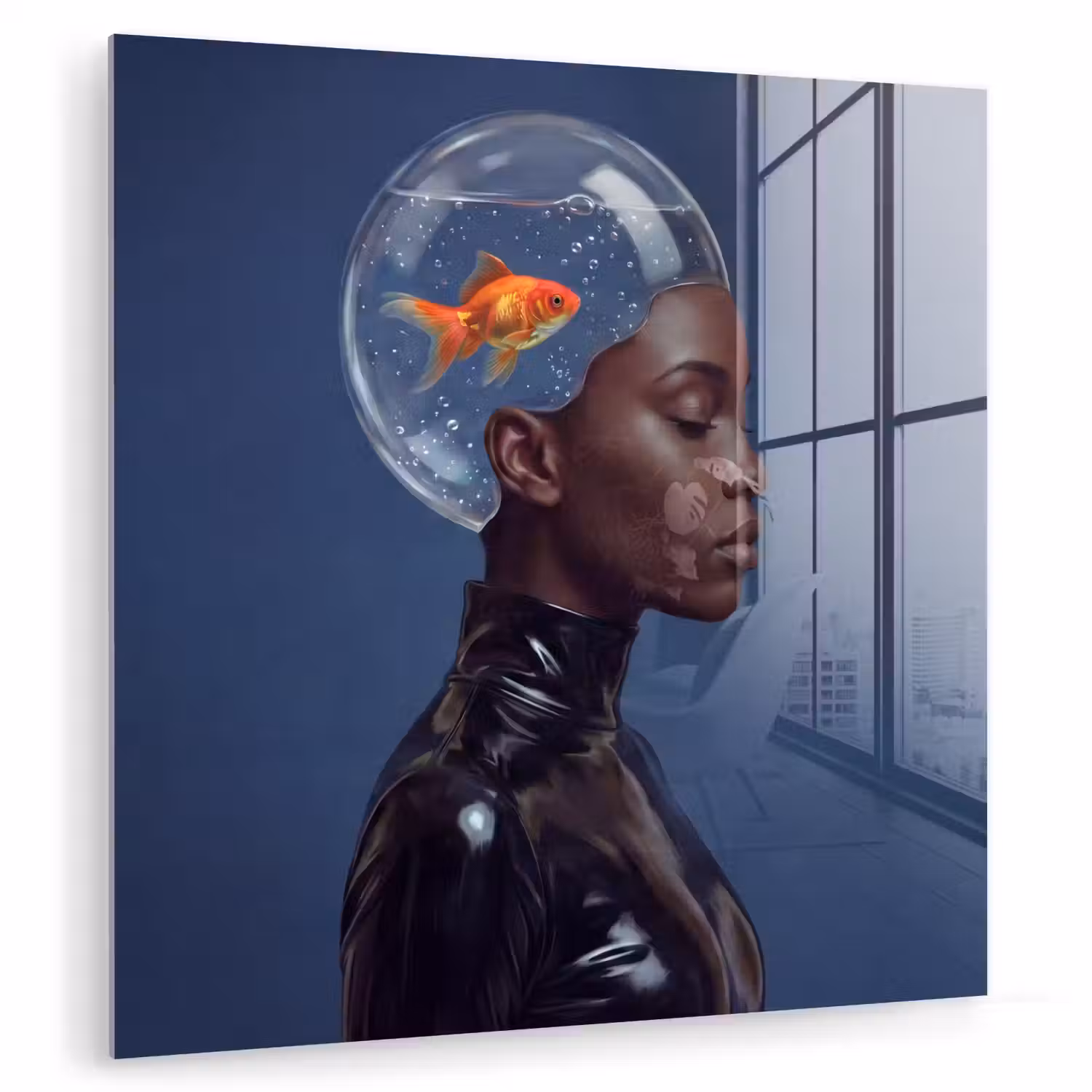 Vrouw - Goudvis - Hoofd - Abstract - Blauw plexiglas 5mm klein -zzzproduct_nieuw