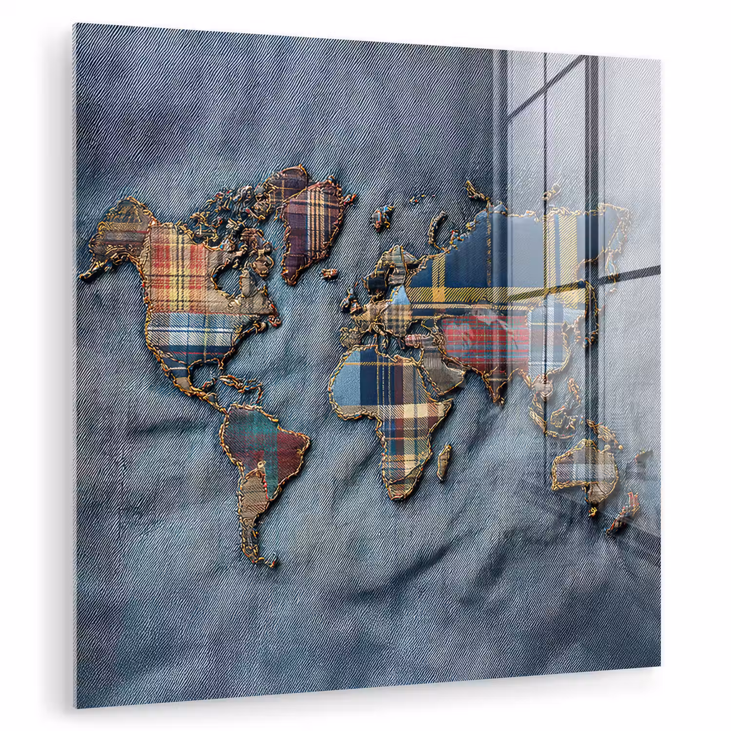 Wereldkaart - Denim - Textiel plexiglas 5mm klein -zzzproduct_nieuw