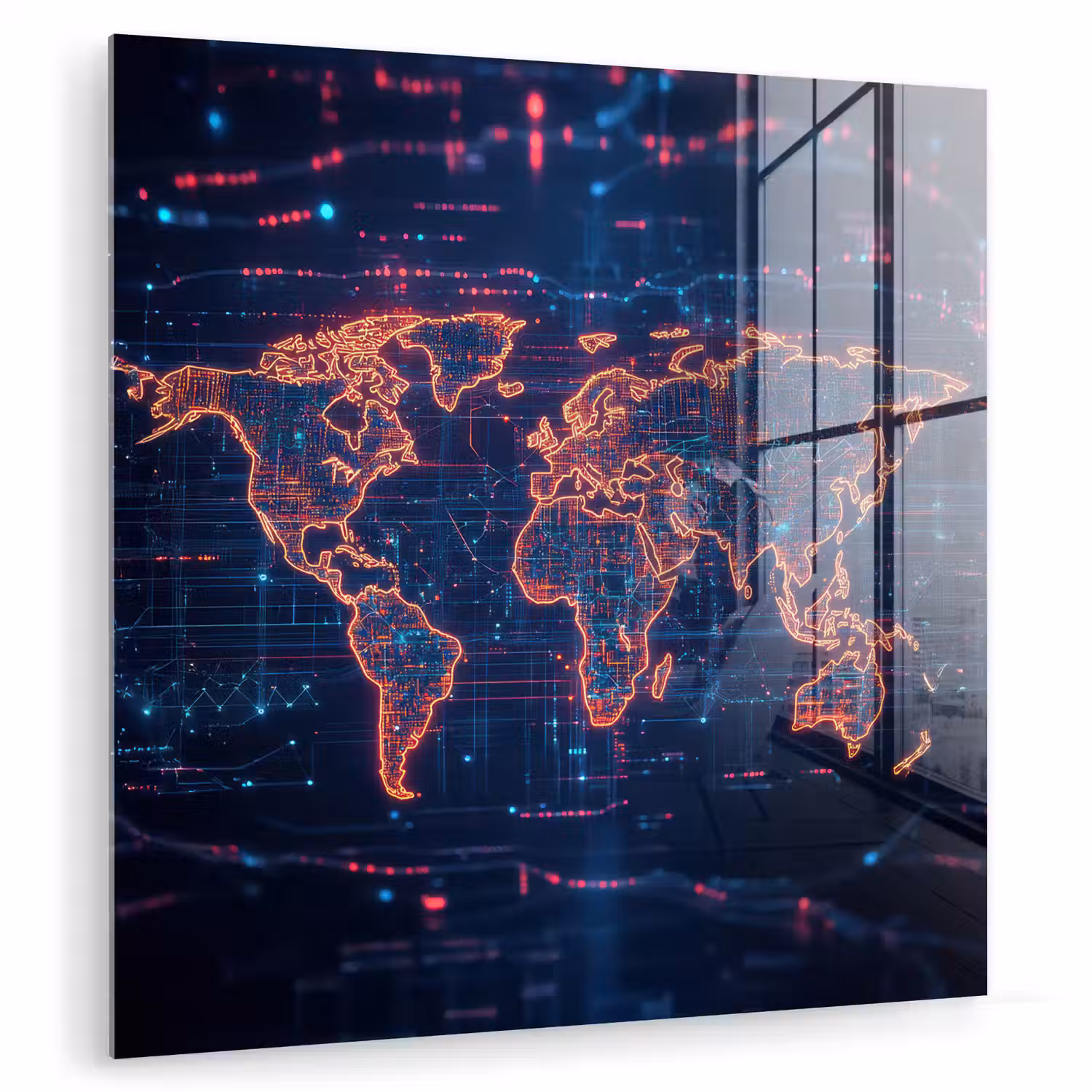 Wereldkaart - Futuristisch - Oranje plexiglas 5mm klein -zzzproduct_nieuw