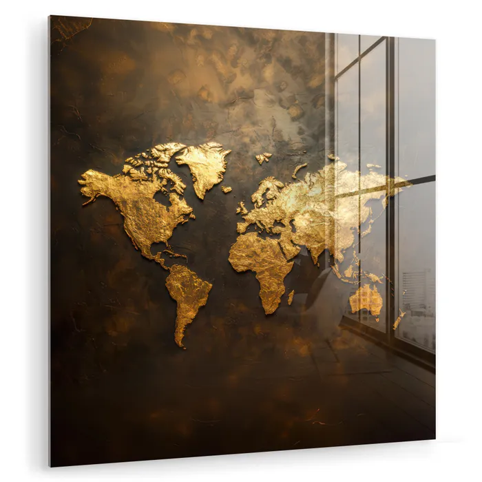 Wereldkaart - Goud - Roest plexiglas 5mm klein -zzzproduct_nieuw