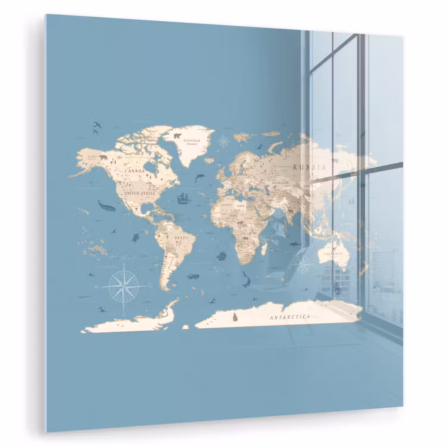 Wereldkaart - Oceaan - Realistisch - Blauw plexiglas 5mm klein -zzzproduct_nieuw