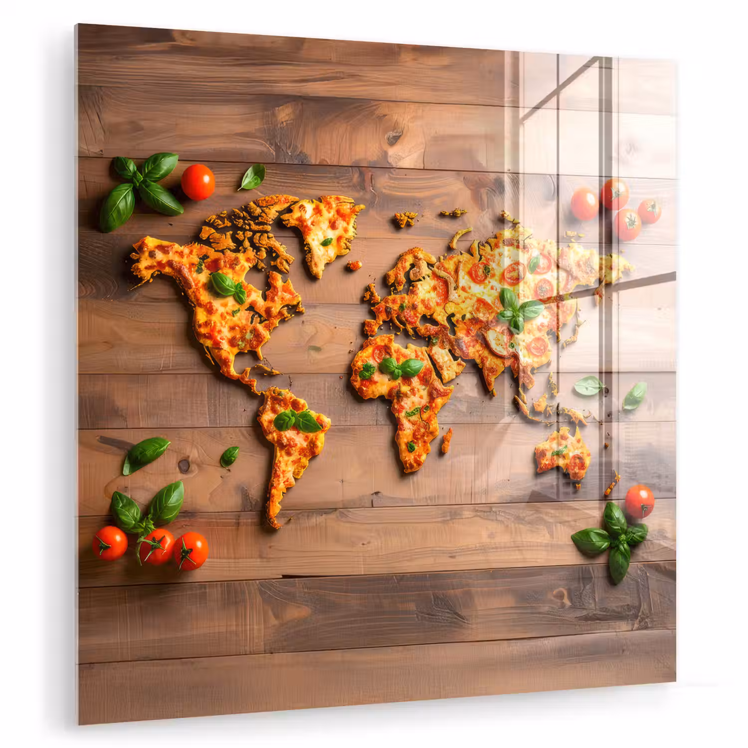 Wereldkaart - Pizza - Houten ondergrond plexiglas 5mm klein -zzzproduct_nieuw