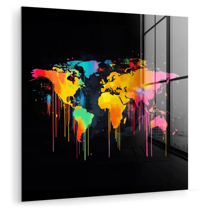 Wereldkaart - Verf - Kleurrijk - Graffiti - Wereld plexiglas 5mm klein -zzzproduct_nieuw