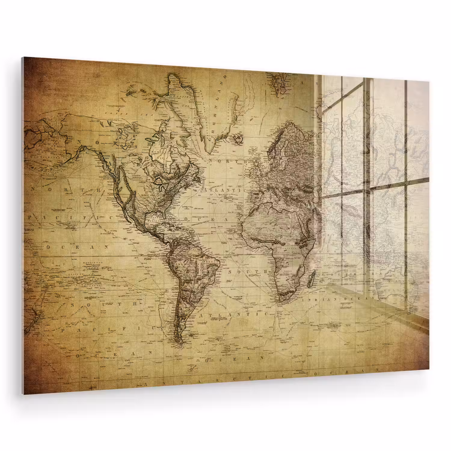 Wereldkaart - Vintage - Antiek - Bruin - Papier plexiglas 5mm klein -zzzproduct_nieuw