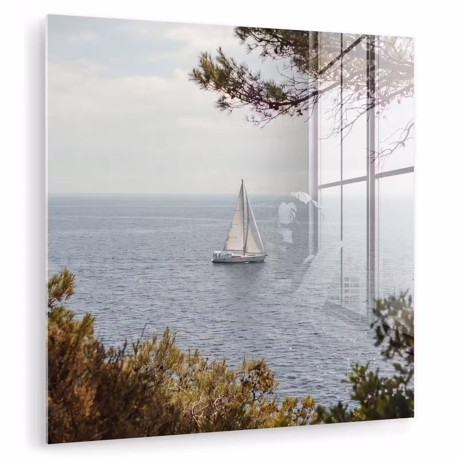 Glas schilderij - Zeilboot - bomen - water - Zeilboot - bomen - water plexiglas 5mm klein