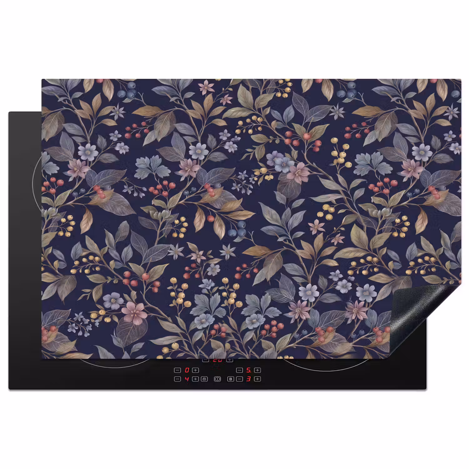 Bloemen - Bladeren - Patroon - Botanisch - Donkerblauw Inductie beschermer vinyl 3mm klein -3d