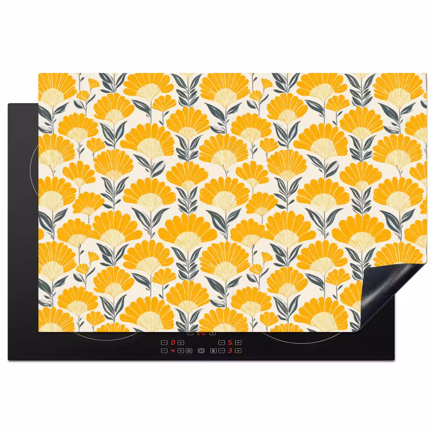 Bloemen - Retro - Botanisch - Okergeel - Grijs Inductie beschermer vinyl 3mm klein 276 -3d