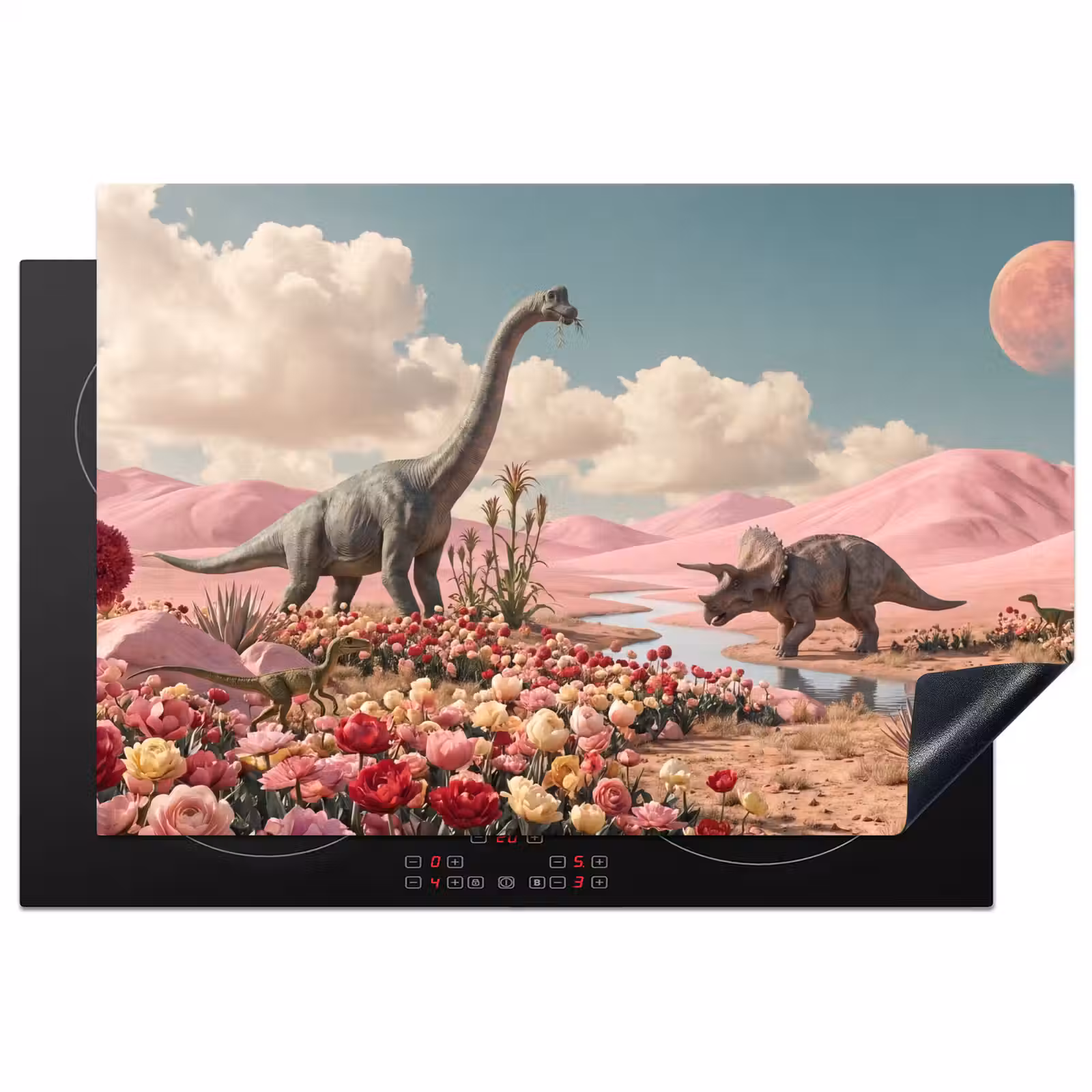 Inductiebeschermer - Dinosaurus - Roze - Landschap - Dinosaurus - Roze - Landschap Inductie beschermer vinyl 3mm klein