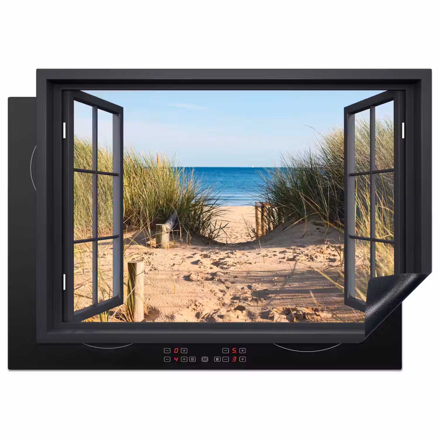 Doorkijk - Strand - Zee - Zand - Water - Helmgras - Duinen Inductie beschermer vinyl 3mm middel -3d