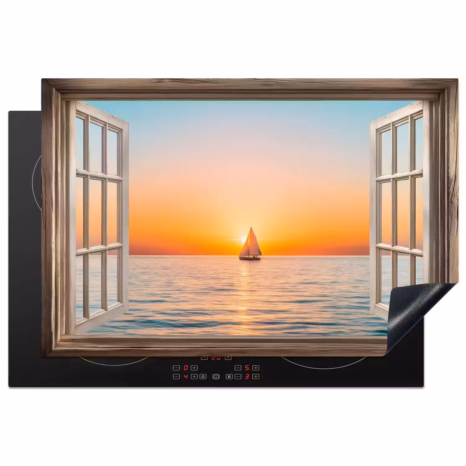 Doorkijk - Zee - Boot - Zonsondergang Inductie beschermer vinyl 3mm klein -3d