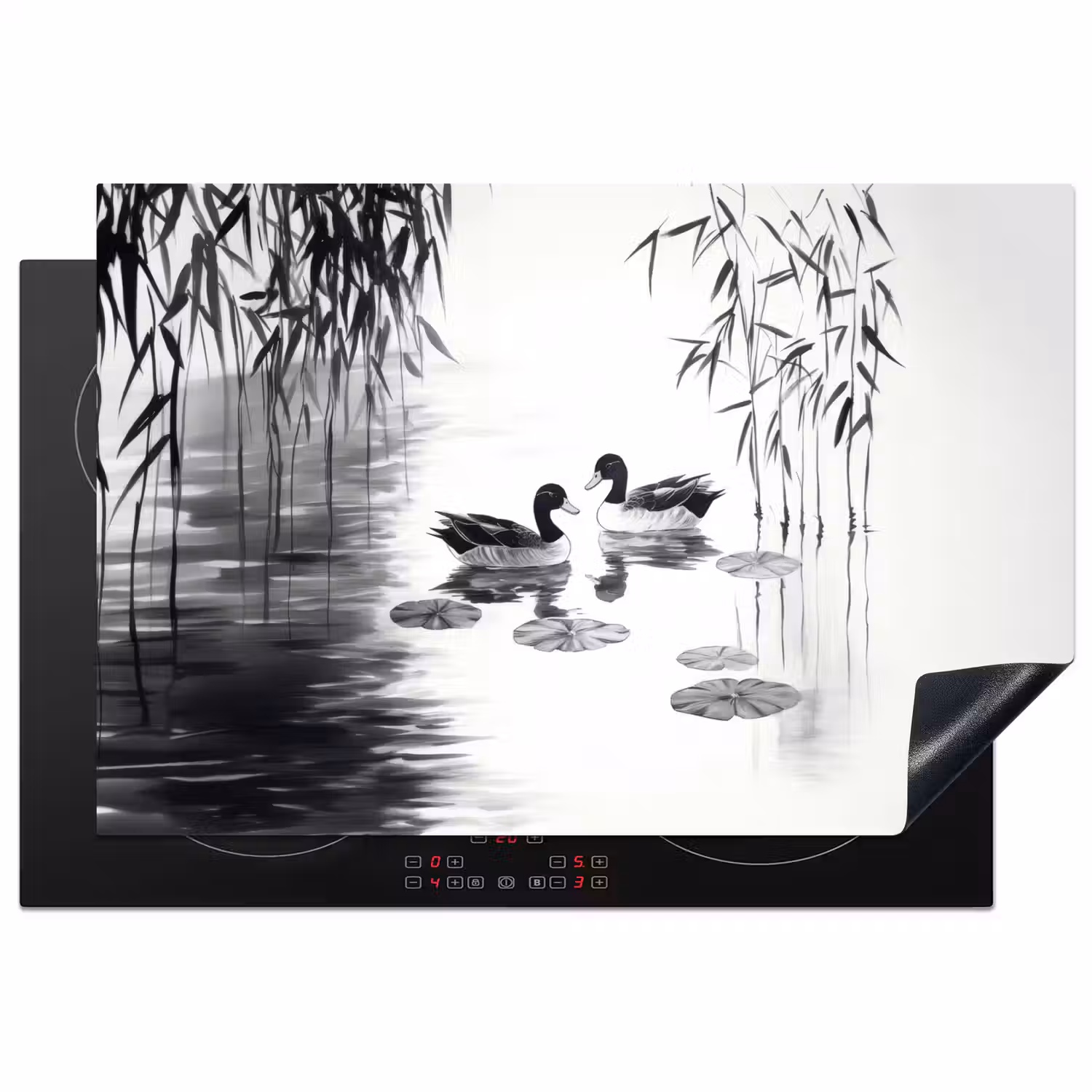 Eenden - Waterlelies - Riet - Zwart Inductie beschermer vinyl 3mm klein -3d