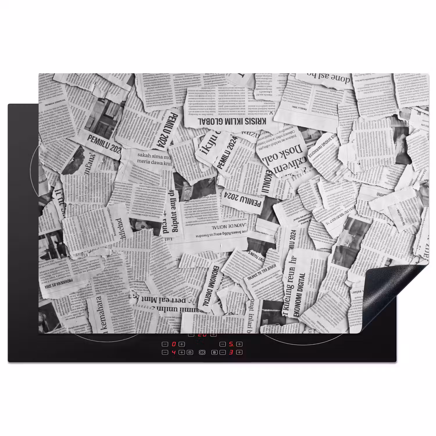 Krant - Versnipperd - Textuur - Zwart-wit - Abstract Inductie beschermer vinyl 3mm klein -3d